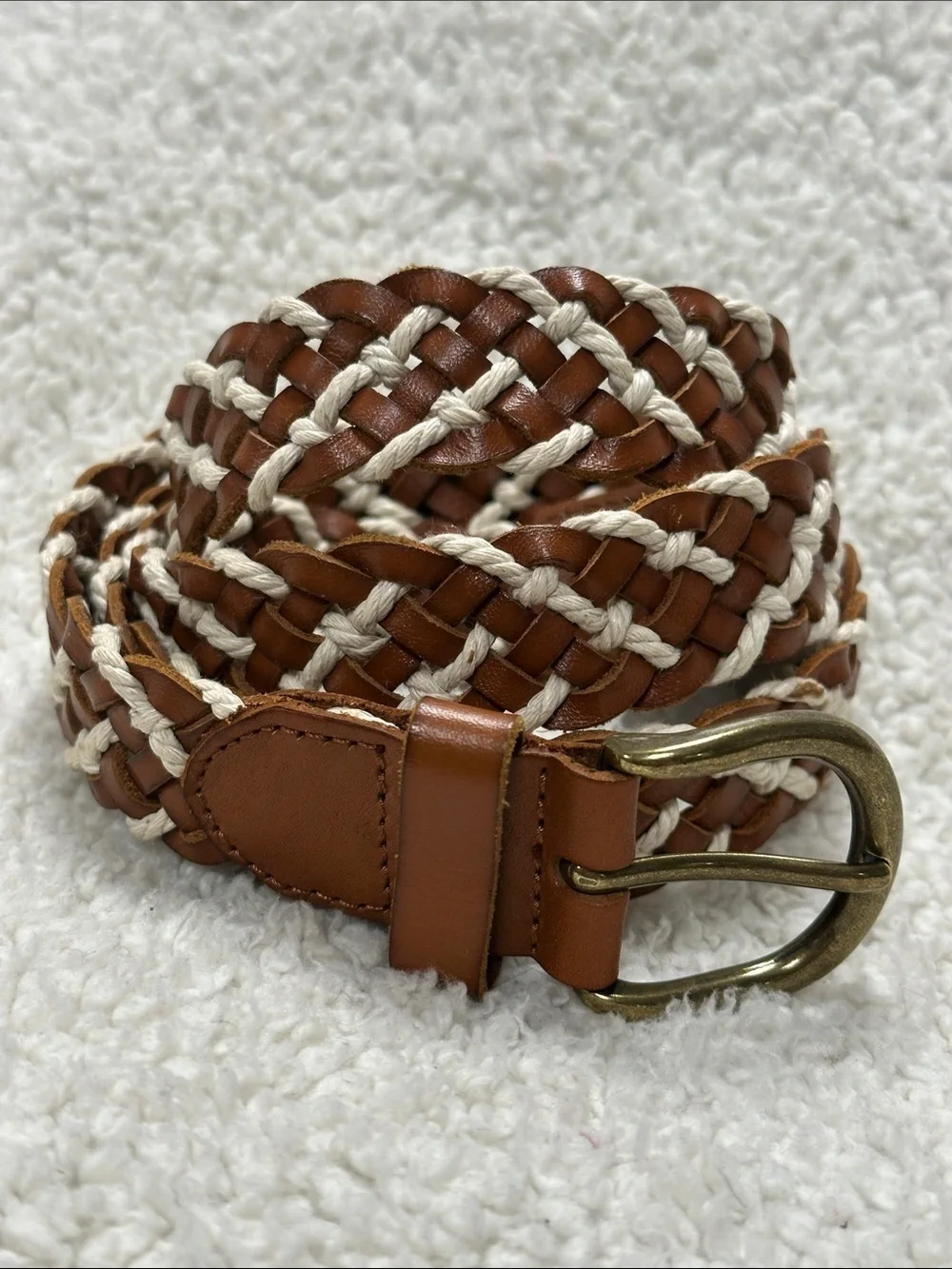 American Eagle Outfitters Braided Leather Belt, Brass Buckle - Brown & Cord